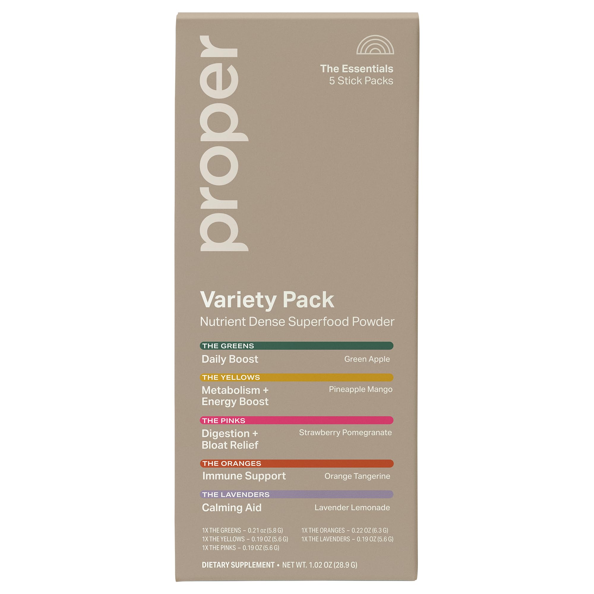 Proper The Essentials Super Foods Powder 5-Stick Variety Pack - Super Greens, Gut Health, Metabolism & Energy, Calm Magnesium Powder & Immune Support Supplement Packs Proper buy supplements canada