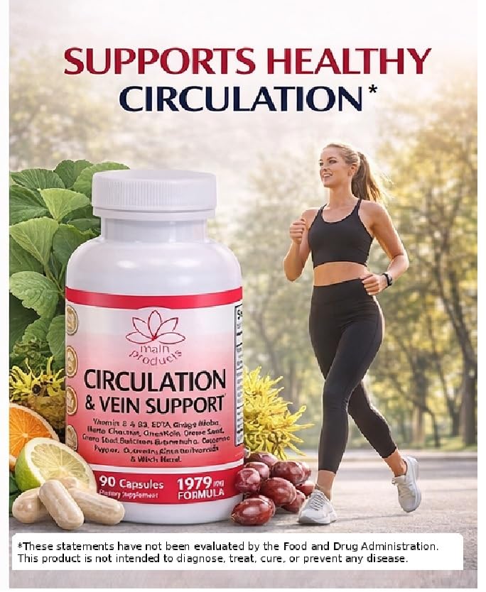 Circulation & Vein Support Supplement - Vitamins E & B3, Ginkgo Biloba, Horse Chestnut, Gotu Kola, Grape Seed, Butcher's Broom & Citrus Bioflavonoids - 1979 mg Formula - 90 Capsules - 30 Days Supply. Main Products buy supplements canada