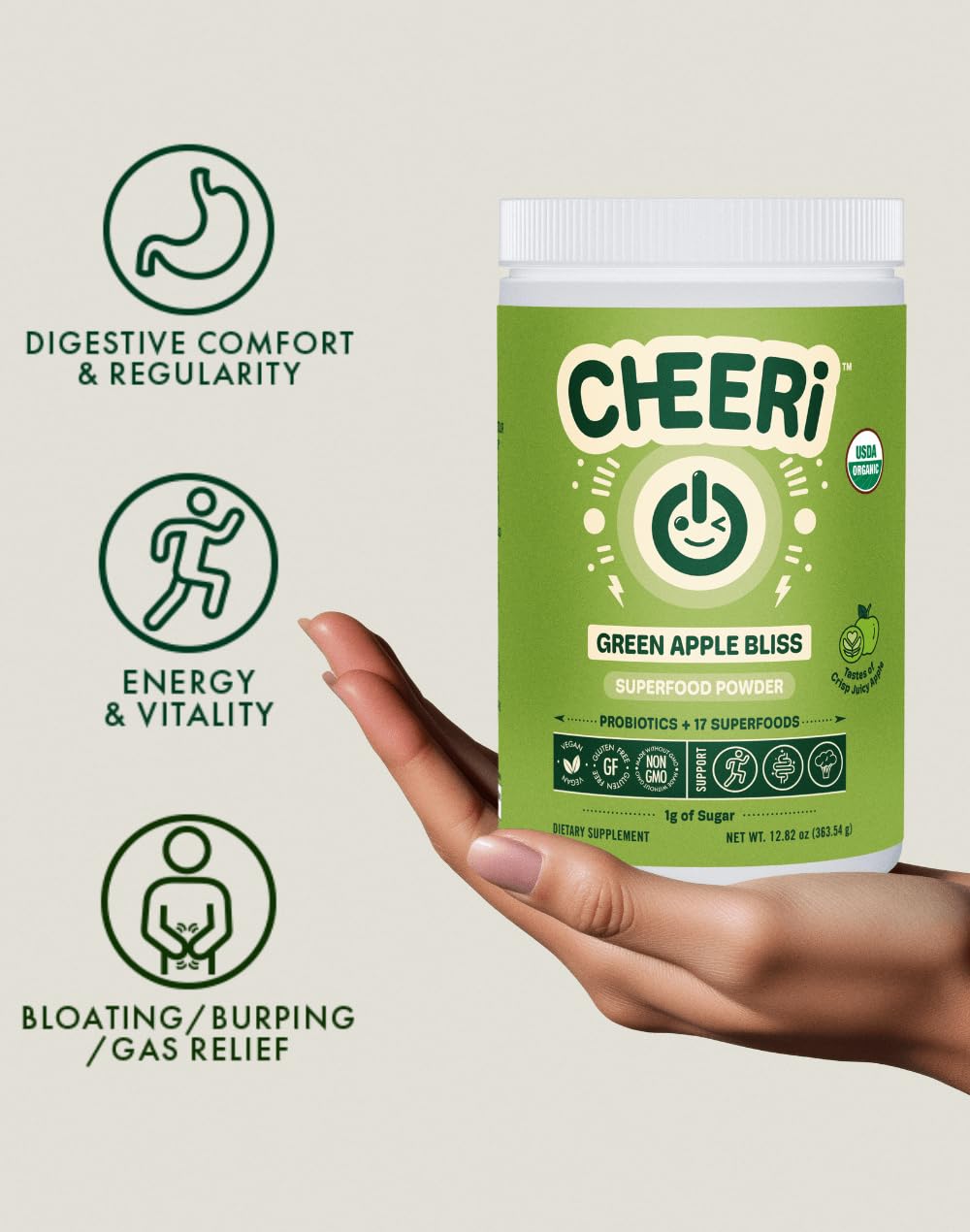 Cheerific Green Apple Bliss Superfood Powder - 20+ Organic Superfoods + Prebiotic & Probiotics + More - Keto Friendly - Supports Positive Mood, Gut Health - Vegan, Gluten Free, Non-GMO - 30 Day Supply Cheerific buy supplements canada