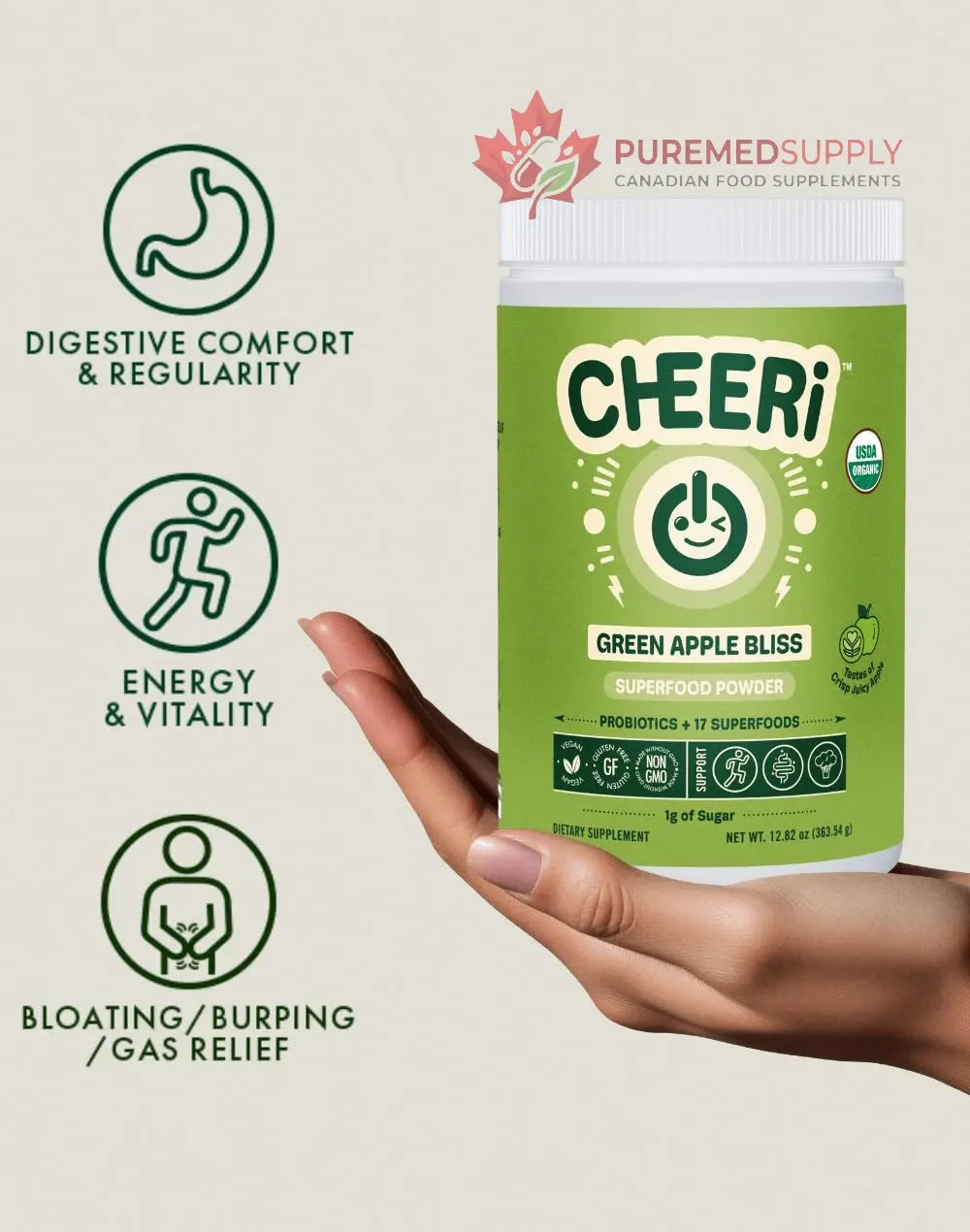 Cheerific Crisp Apple Greens Superfood Powder - 20+ Organic Superfoods + Prebiotic & Probiotics + More - Keto Friendly - Supports Positive Mood, Gut Health - Vegan, Gluten Free, Non-GMO - 30 Day Cheerific buy supplements canada