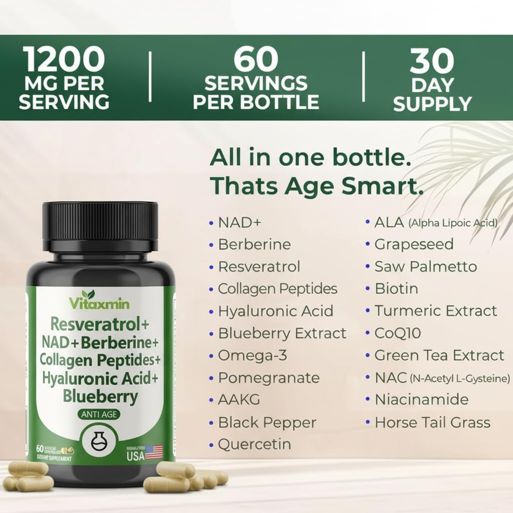 vitaxmin NAD Resveratrol Supplement 200mg with Berberine NAC Collagen - Nicotinamide Riboside NMN NADH CoQ10 Biotin Hyaluronic Acid - Hair Skin Nails Supplement - 60 Capsules vitaxmin buy supplements canada