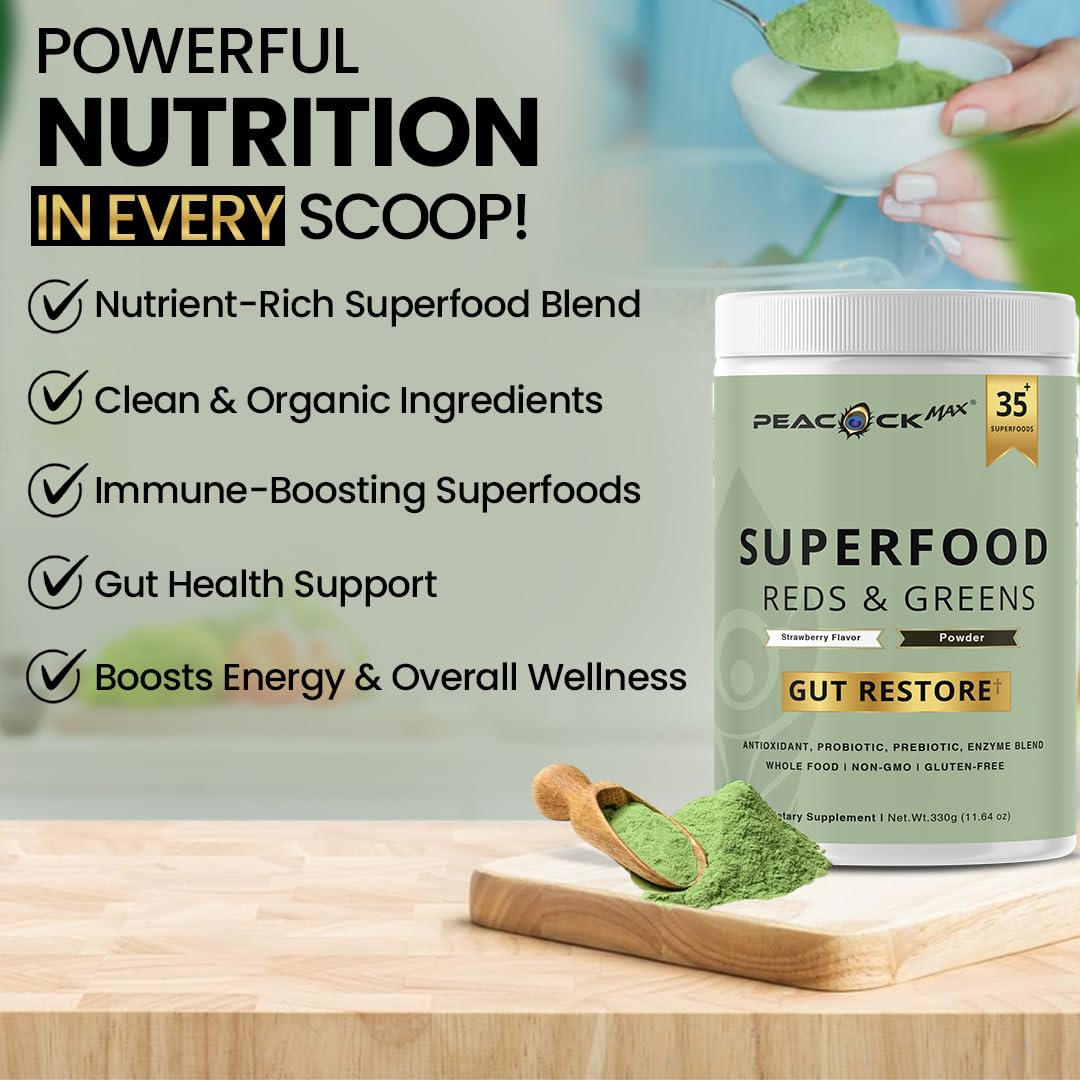 Superfood Reds & Greens Powder - 11.64 oz, Prebiotics & Probiotics for Digestive Health, Super Greens Powder with Ashwagandha for Gut Health, Immunity, Antioxidants, Peacock Max buy supplements canada