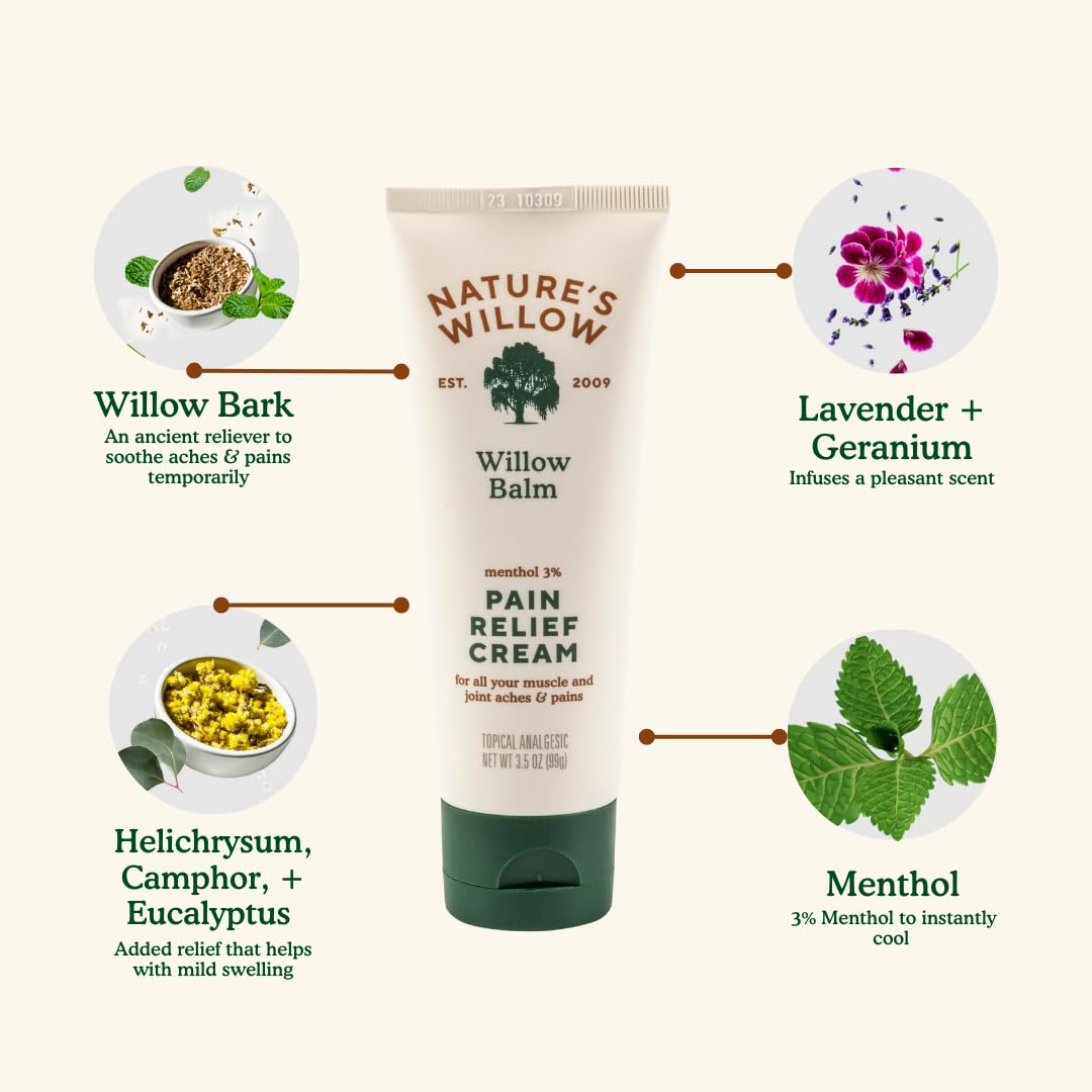 Nature's Willow Willow Balm Natural Pain Relief Cream for Muscles & Joints | Fast-Acting with Willow Bark & Menthol | Free from Artificial Fragrances & Dyes | 1-Pack | 3.5 fl oz Nature's Willow buy supplements canada
