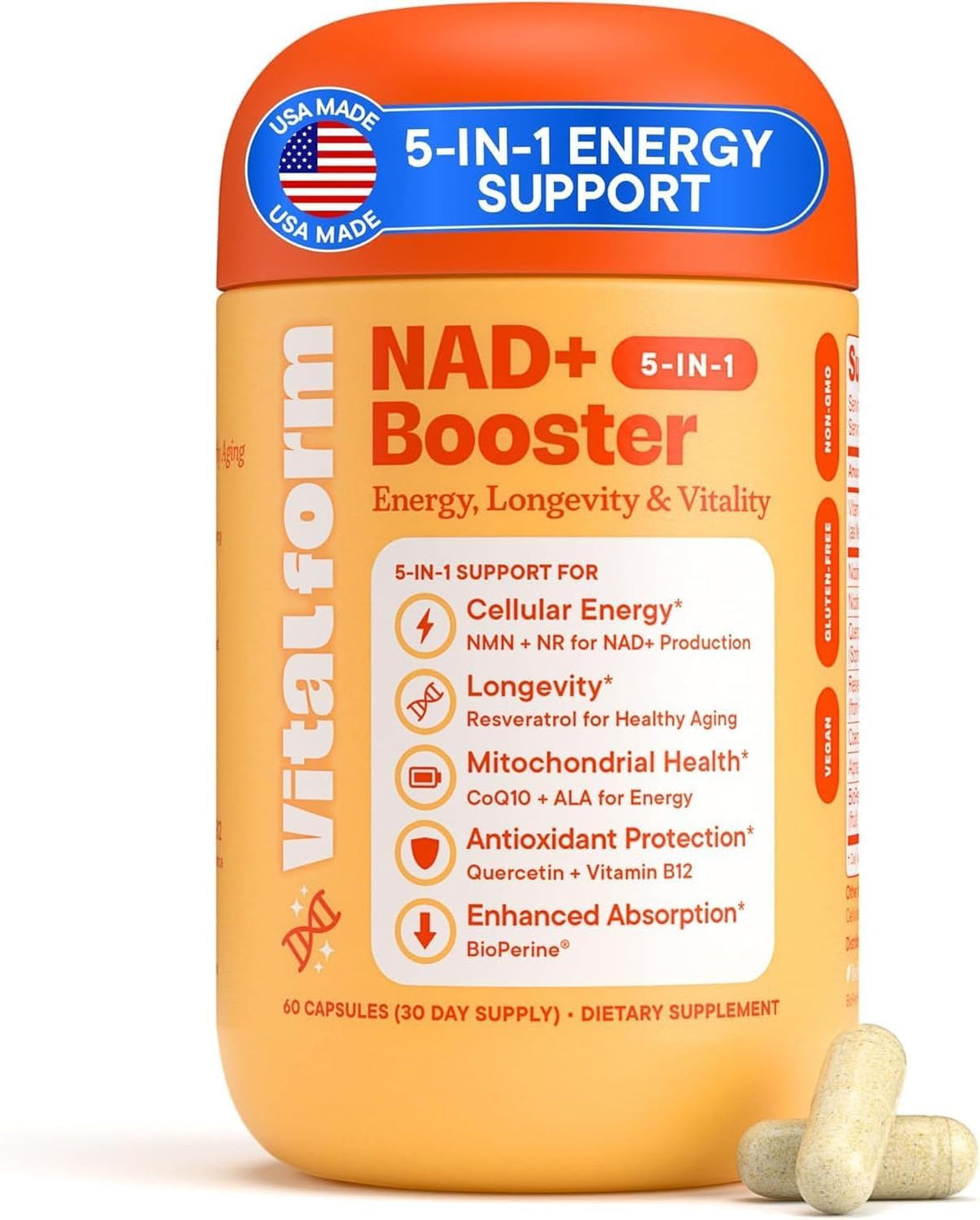 VitalForm NAD+ Supplement with NMN & Nicotinamide Riboside (NR) – Advanced Cellular Energy & Healthy Aging Complex – with Resveratrol, CoQ10, Quercetin & BioPerine – 60 Vegan Capsules VitalForm buy supplements canada