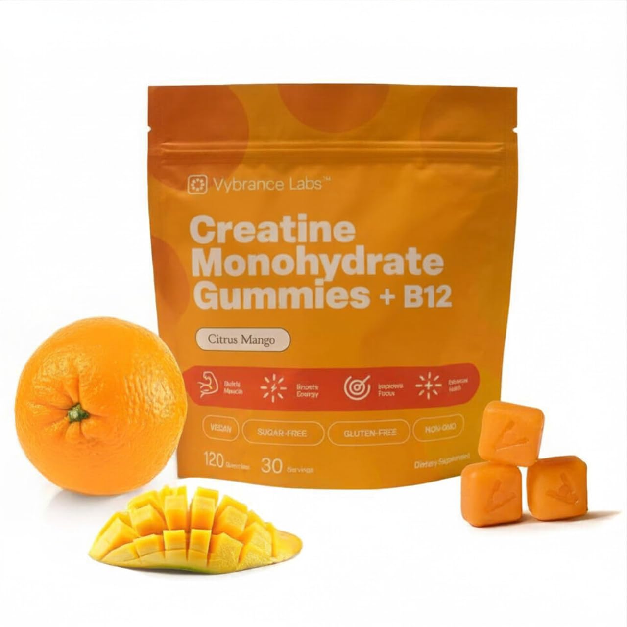 VYBRANCE LABS Creapure Creatine Gummies 5g + Taurine & B12 - Sugar-Free, Vegan, Gluten-Free - Citrus Mango - 120 Count (30 Servings) for Strength, Energy & Focus VYBRANCE LABS buy supplements canada