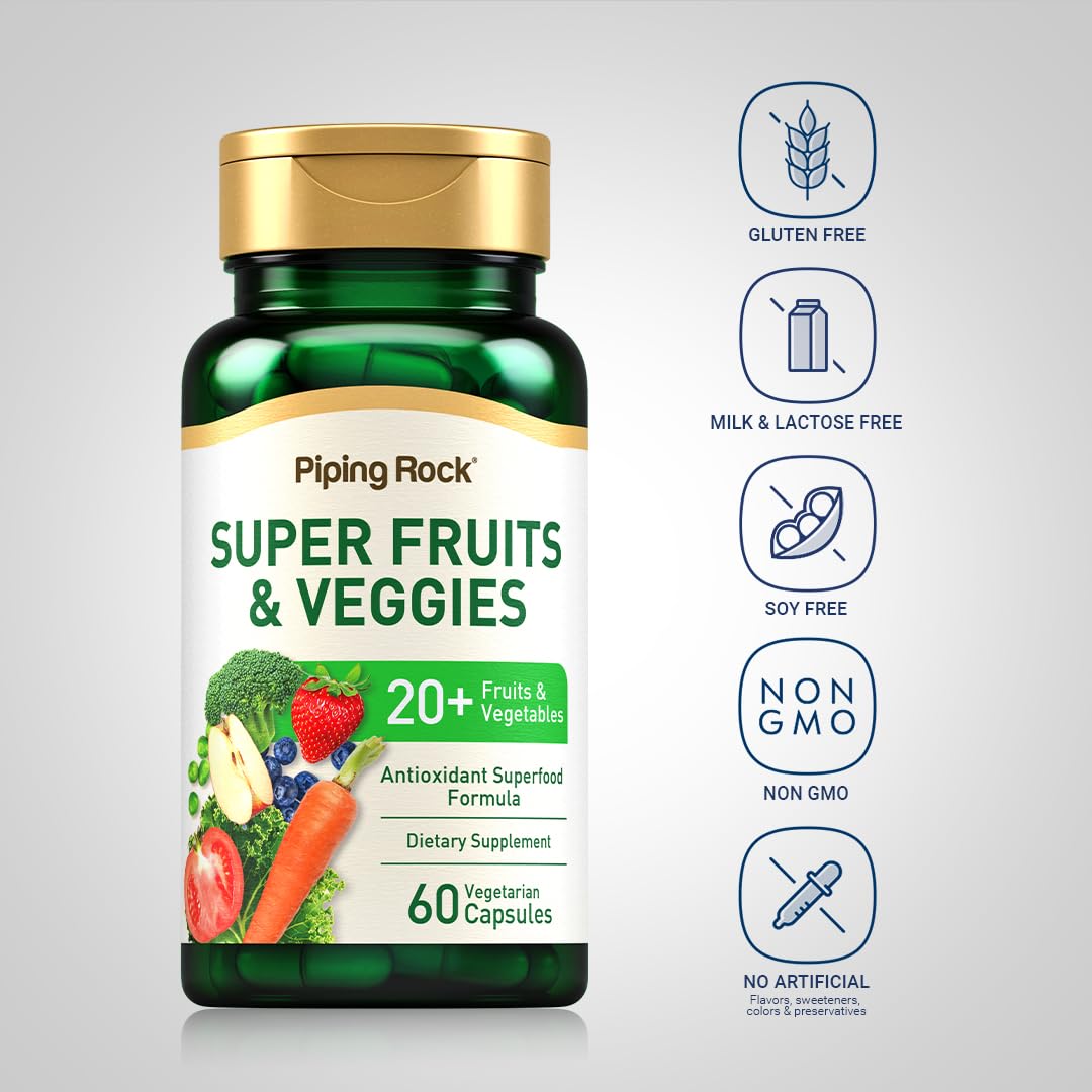 Piping Rock Fruits and Veggies Supplement | 60 Capsules | Superfood Fruit and Vegetables Vitamins | with Prebiotic Blend | Vegetarian Formula | Non-GMO, Gluten Free Piping Rock buy supplements canada