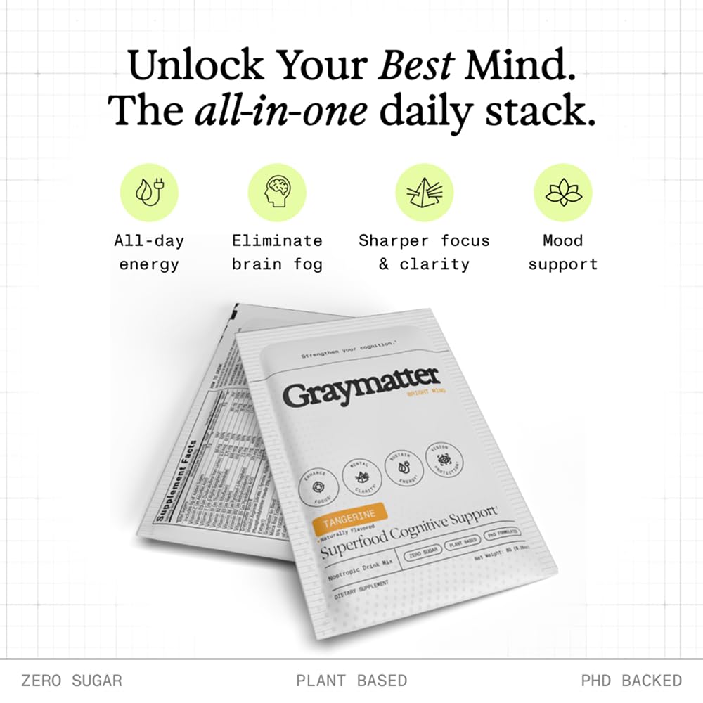 Graymatter Bright Mind Nootropic Powder (6 Travel Packets Variety Pack: Cacao, Tangerine, Strawberry Lemon) – Plant-Based Energy & Focus Drink Mix, Adaptogens & Vitamins, Sugar-Free Daily Supplement Graymatter buy supplements canada