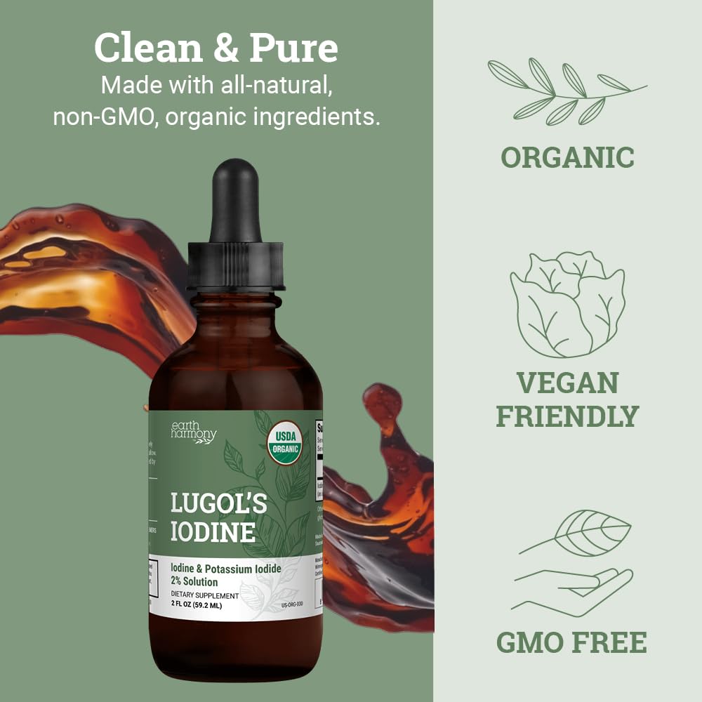 Organic Lugol's Iodine, Iodine and Potassium Iodide 2% Solution 3000 mcg - Liquid Supplement Drops for Thyroid Support for Women & Men, Metabolism Health Earth Harmony Naturals buy supplements canada