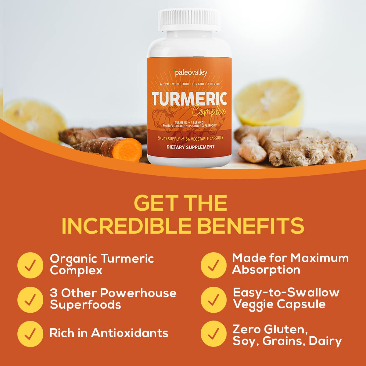 Paleovalley - Organic Turmeric Complex - Full Spectrum Organic Turmeric with Health-Supportive Superfoods - 56 Vegetarian Capsules - Support Joints, Immunity, Brain and Heart Health Paleovalley buy supplements canada