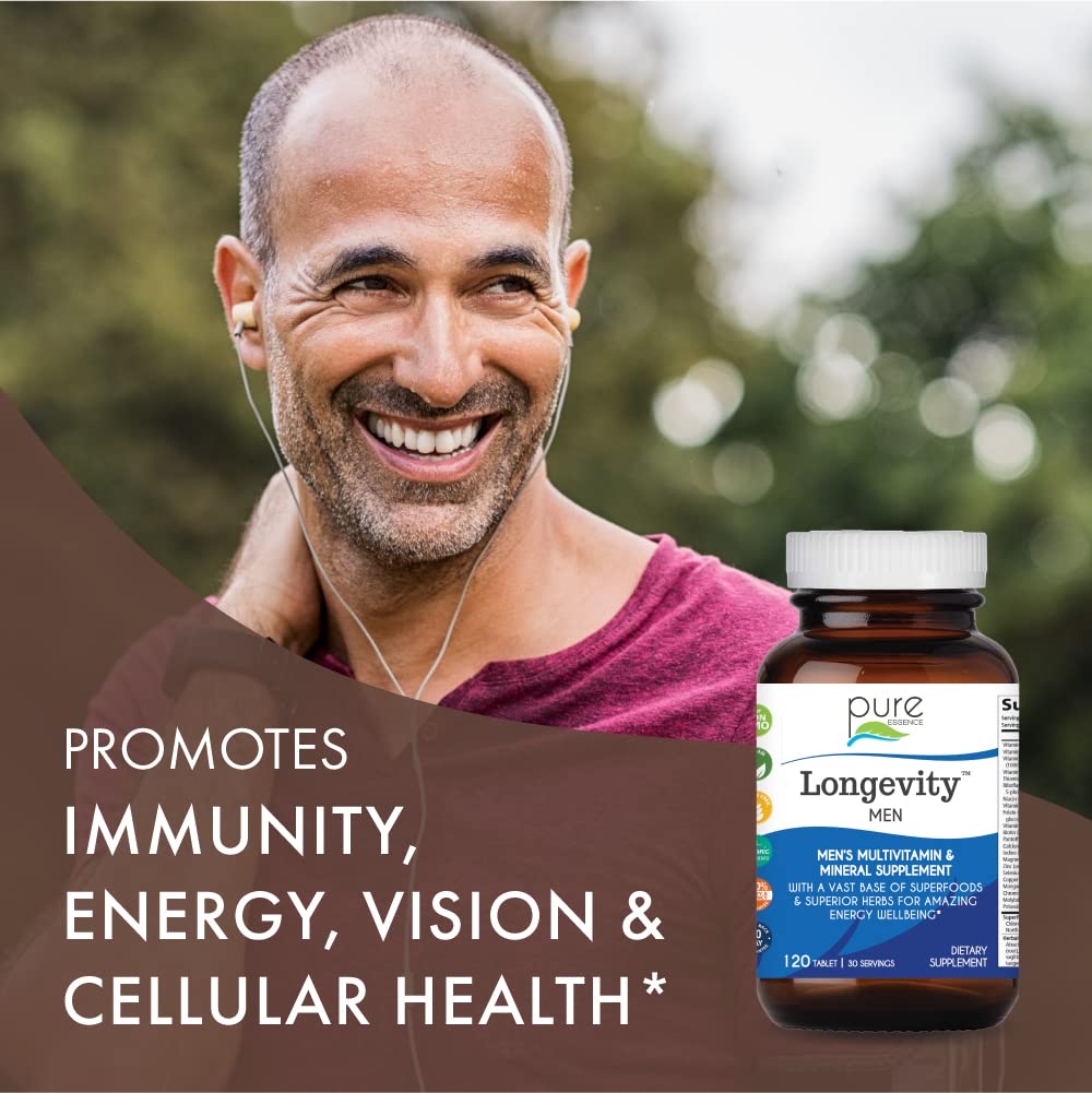 PURE ESSENCE LABS Longevity Multivitamin for Men Over 40 - Super Energetic with Superfoods, Minerals, Enzymes, Vitamin D3, B12, Biotin - 120 Tablets PURE ESSENCE LABS buy supplements canada