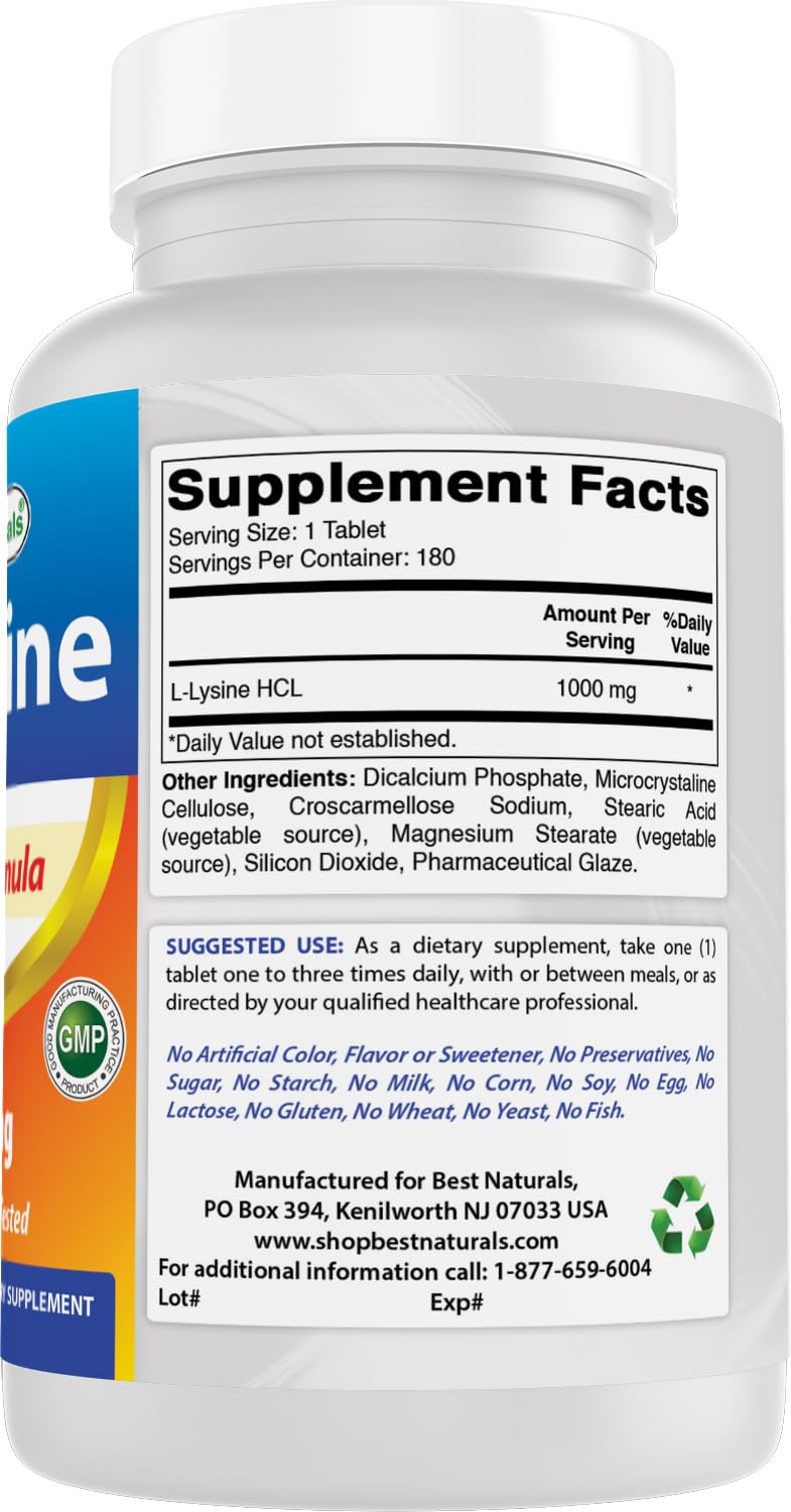 Best Naturals L-Lysine 1000mg 180 Tablets - Double Strength Lysine for stronger immune health & cold sores Best Naturals buy supplements canada