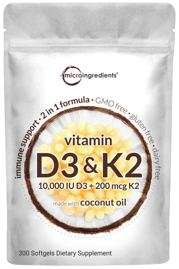 Vitamin D3 10000 iu Plus K2 (MK-7) 200 mcg, 300 Virgin Coconut Oil Softgels Micro Ingredients buy supplements canada