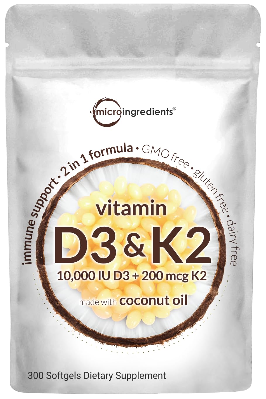 Vitamin D3 10000 iu Plus K2 (MK-7) 200 mcg, 300 Virgin Coconut Oil Softgels Micro Ingredients buy supplements canada