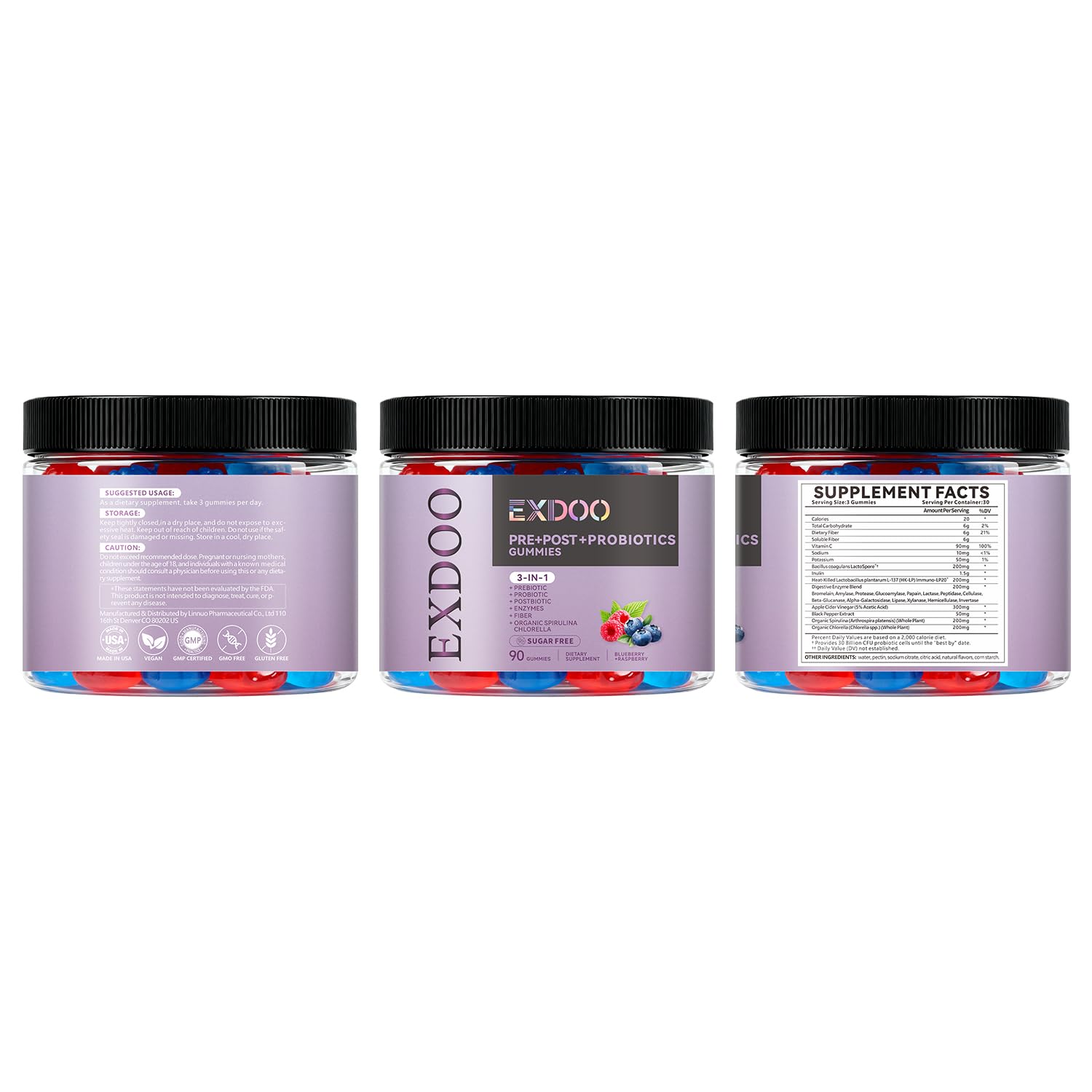 exdoo 3-in-1 Probiotic Gummies Prebiotic+Probiotic+Postbiotic with Organic Spirulina Chlorella Immune Gut & Digestive Support 90 Count exdoo buy supplements canada