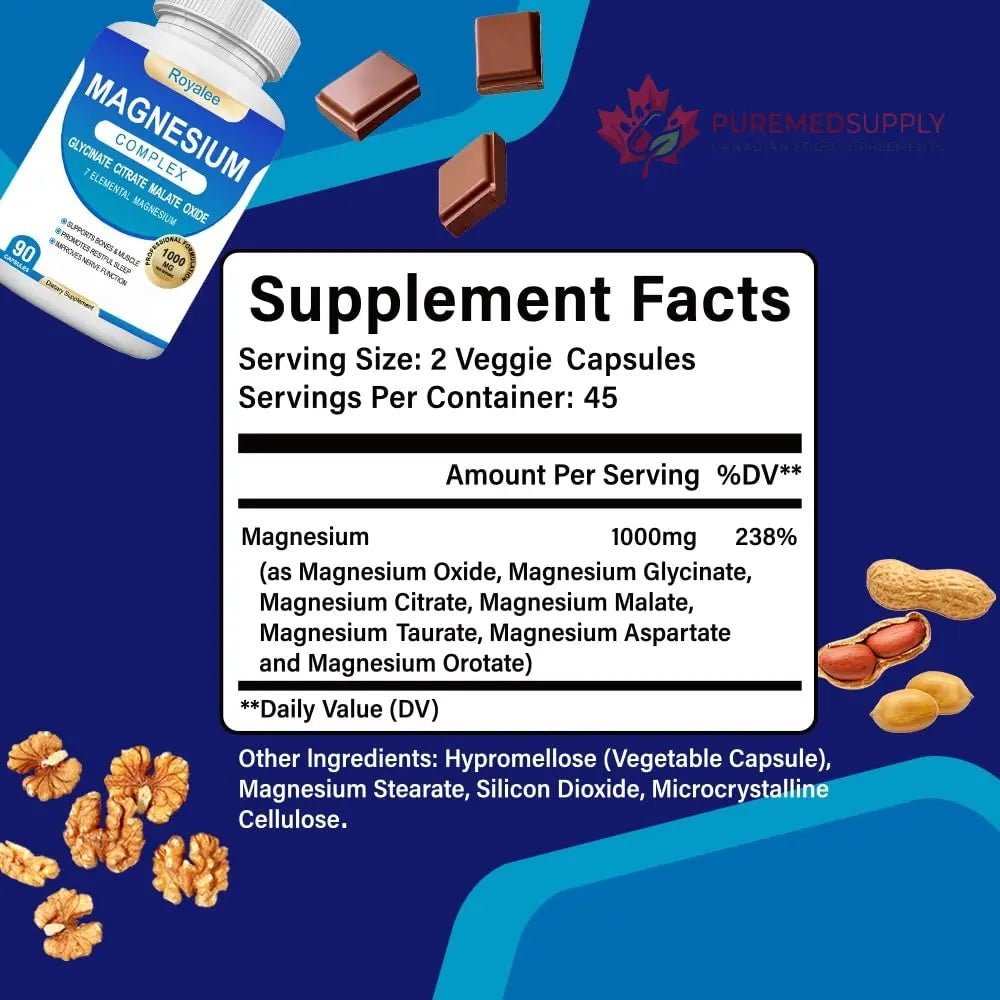 Magnesium Complex Supplement - 1000mg with 7 Magnesium Forms Including Glycinate, Citrate, Malate, Taurate & Orotate - Supports Relaxation, Muscle Function & Bone Strength - 90 Capsules Royalee buy supplements canada