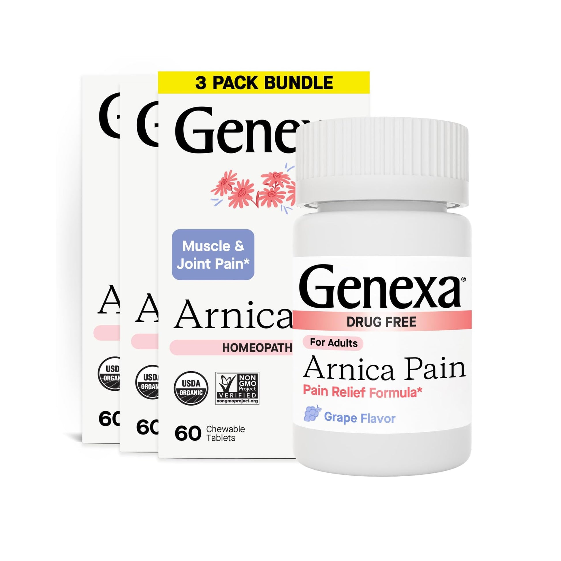 Genexa Arnica Tablets for Pain Relief Formula | Alleviate Muscle & Joint Pain, Soreness, & Stiffness | Delicious Organic Grape Flavor | Homeopathic Remedy Made Clean | 300 Chewable Tablets (3 Pack) Genexa buy supplements canada