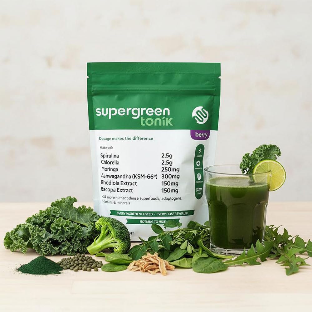 SUPERGREEN TONIK 100% Natural Greens Superfood Powder – Daily Supplement with 40 Superfoods, Vitamins and Minerals – Supports Energy, Stress and Immunity – 30 Days 360 Grams Berry Flavor (1 Bag) SUPERGREEN TONIK buy supplements canada