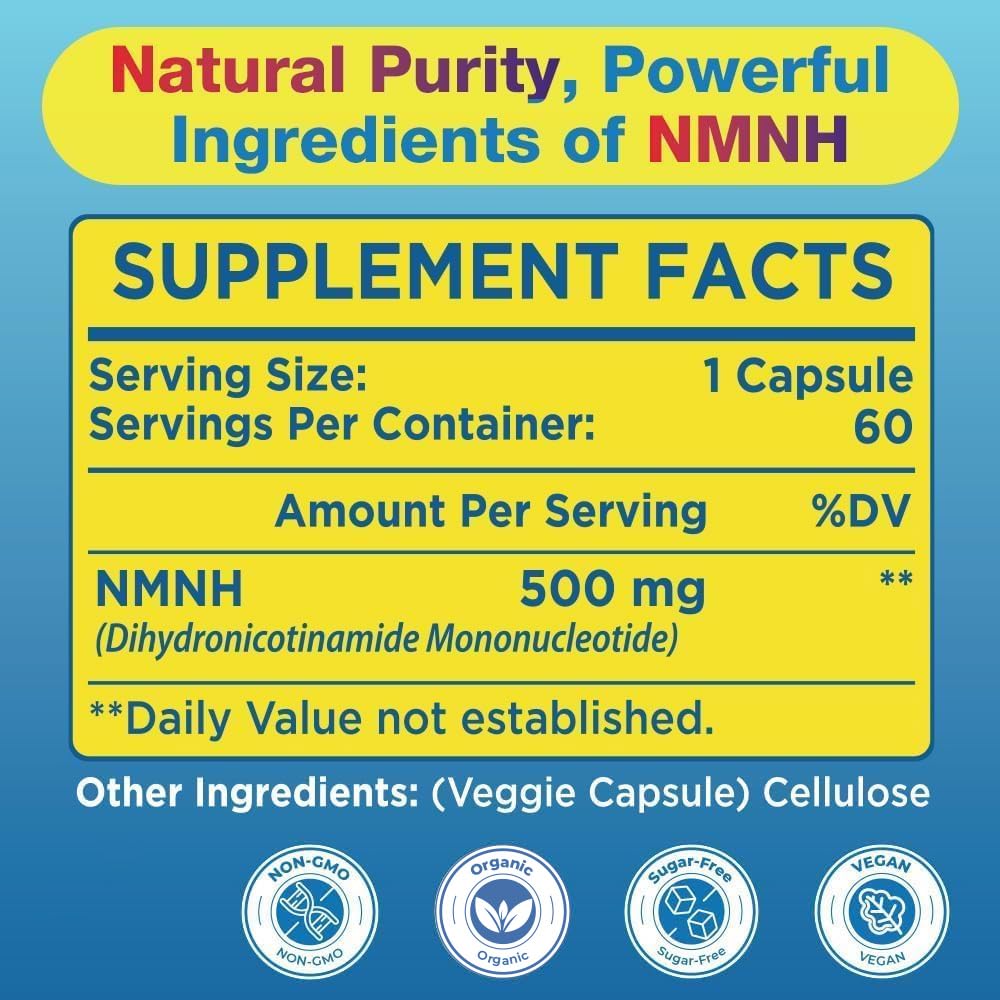 NMNH (NMN Supplement Alternative) NAD Supplements for Anti Aging, Energy, Immune, Focus (Dihydronicotinamide Mononucleotide) 500mg, to Boost NAD+ Levels As We Age, Pure Organic - 60 Capsules Beyyoly buy supplements canada