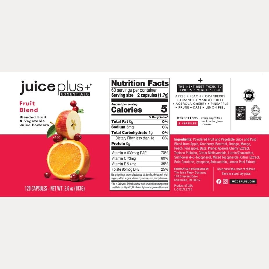 JuicePlus+ Fruit Blend: Plant-Based Whole Food Supplement with Apple, Peach, Cranberry, & More! - Vegan, Gluten-Free, Non-GMO, Kosher - Packed with Plant-Based Vitamins - 1 Bottle (60 Servings) Juice Plus+ buy supplements canada