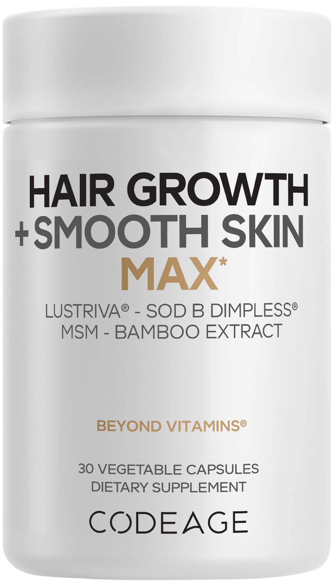 Codeage Hair Growth + Smooth Skin Max Vitamins Supplement - Patented Lustriva & SOD B Dimpless Superoxide Dismutase - Hair Growth Health Skin Cellulite Support - Biotin, Vitamin C, MSM - 30 Capsules Codeage buy supplements canada