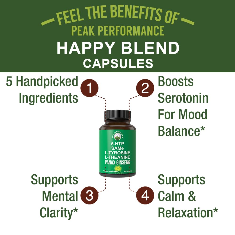 Peak Performance Mood Support Supplement with 5 Top Ingredients: 5HTP, SAM e, L Tyrosine, L Theanine, and Panax Ginseng. Calm, Focus, Relaxation Supplements. Vegan Peak Performance buy supplements canada