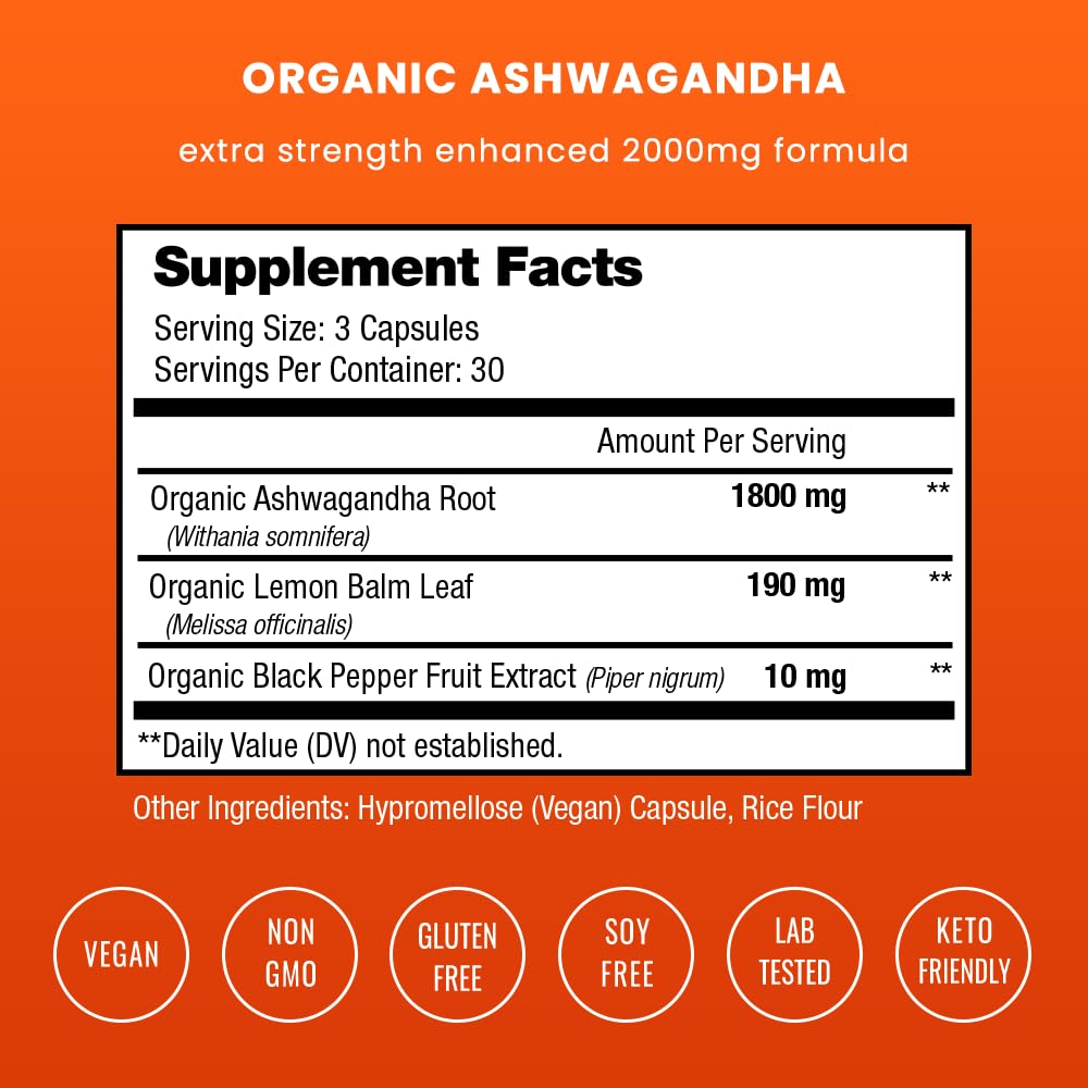 NutraChamps Organic Ashwagandha Capsules, 2000mg Adrenal Fatigue, Thyroid & Mood Support Ashwagandha Supplements, Ashwagandha Root Powder & Lemon Balm, Superior Absorption with Black Pepper NutraChamps buy supplements canada