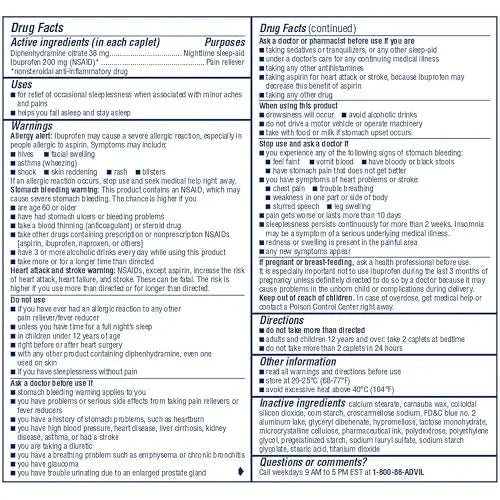 Advil PM Pain Reliever and Nighttime Sleep Aid, Pain Medicine with Ibuprofen for Pain Relief and Diphenhydramine Citrate for a Sleep Aid - 50x2 Coated Caplets Advil buy supplements canada