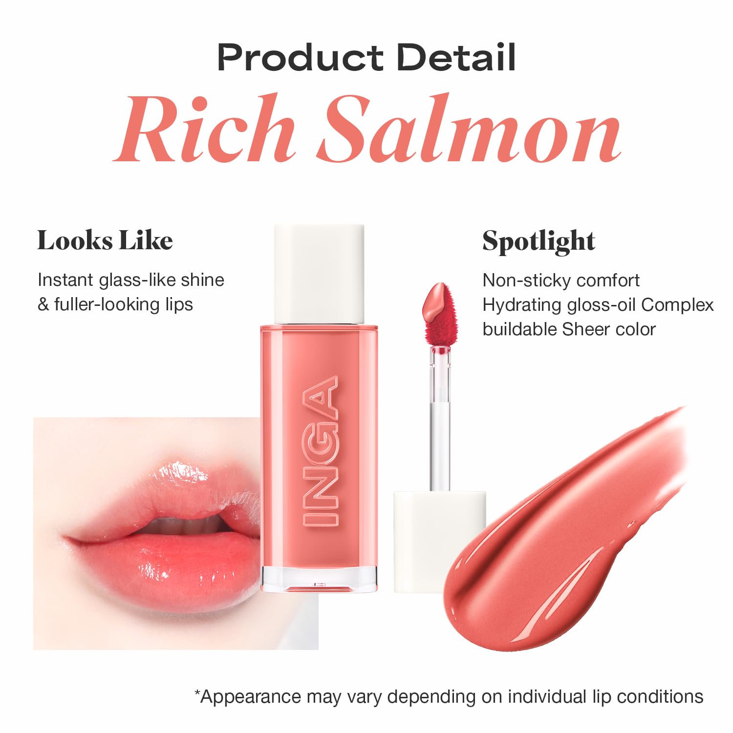 INGA Water Glow Lip Tint | Hydrating, Glossy Korean Lip Tint with Sheer Color & Glass-Like Shine | Long-Lasting, Non-Sticky Korean Lip Stain (RICH SALMON) INGA buy supplements canada
