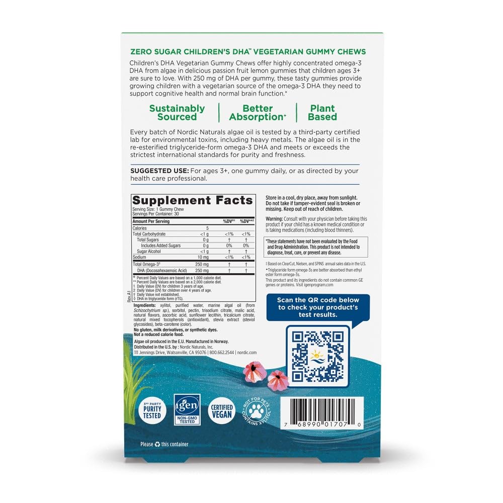 Nordic Naturals Zero Sugar Children’s DHA Vegetarian Gummy Chews - Passion Fruit Lemon Flavor - 30 Gummies - Vegan Algae Oil Omega-3 Supplement for Kids Brain & Cognition Support - 30 Servings Nordic Naturals buy supplements canada