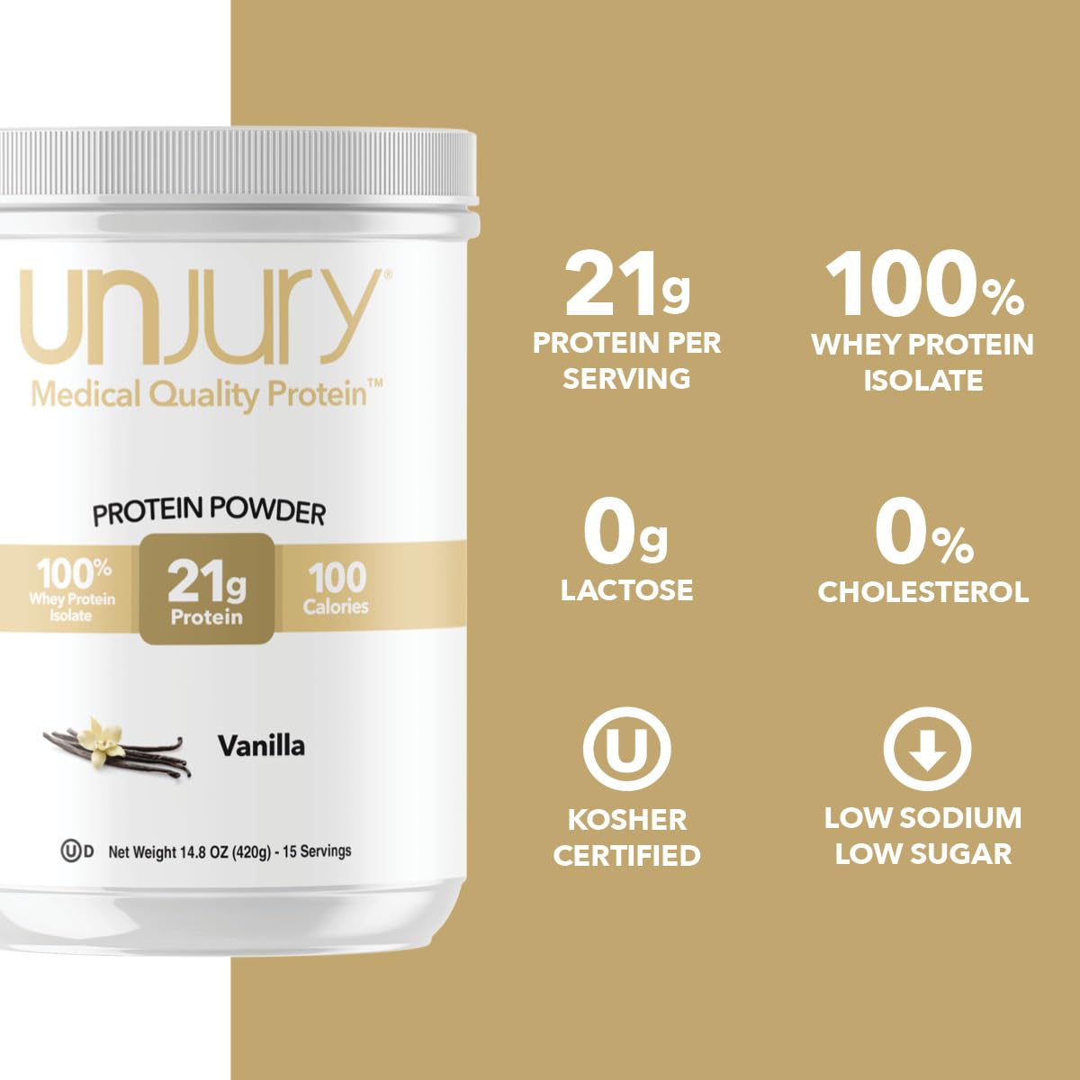 Unjury Whey Protein Powder | Vanilla | 21g 100% Whey Isolate Protein Powder | Low Carb and Lactose Free | Gluten Free | Certified Kosher | 15 Servings Unjury buy supplements canada