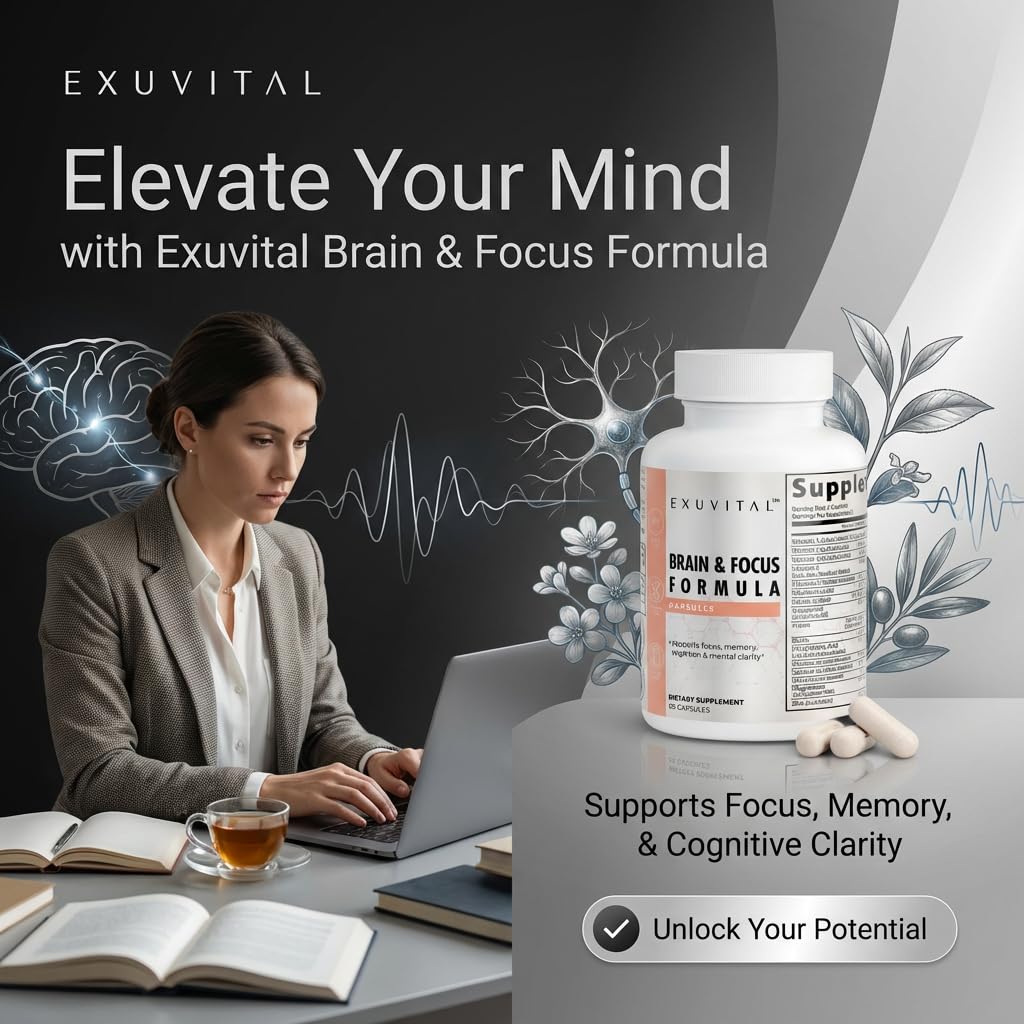 EXUVITAL Brain & Focus Formula, Veggie Capsules, 60 Count, Nootropic Supplement with Vitamins, Minerals and Proprietary Blend for Clarity, Memory, Cognition and Mental Focus EXUVITAL buy supplements canada