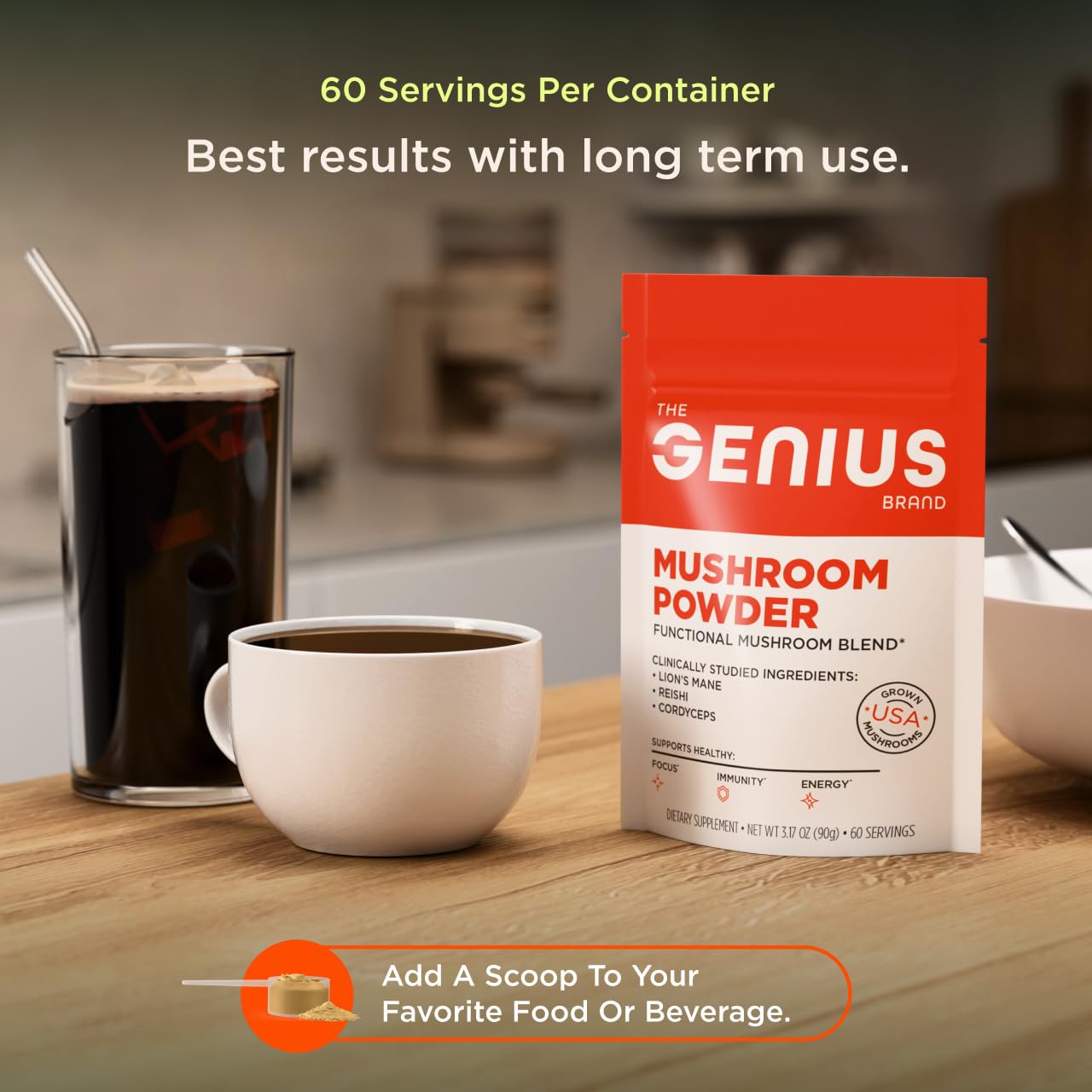 The Genius Brand Mushroom Powder - Includes Lion's Mane, Cordyceps & Reishi - Supports Brain Health, Immune System & Energy Levels - USDA Organic Mushroom Powder - 3.17 oz (60 Servings) The Genius Brand buy supplements canada
