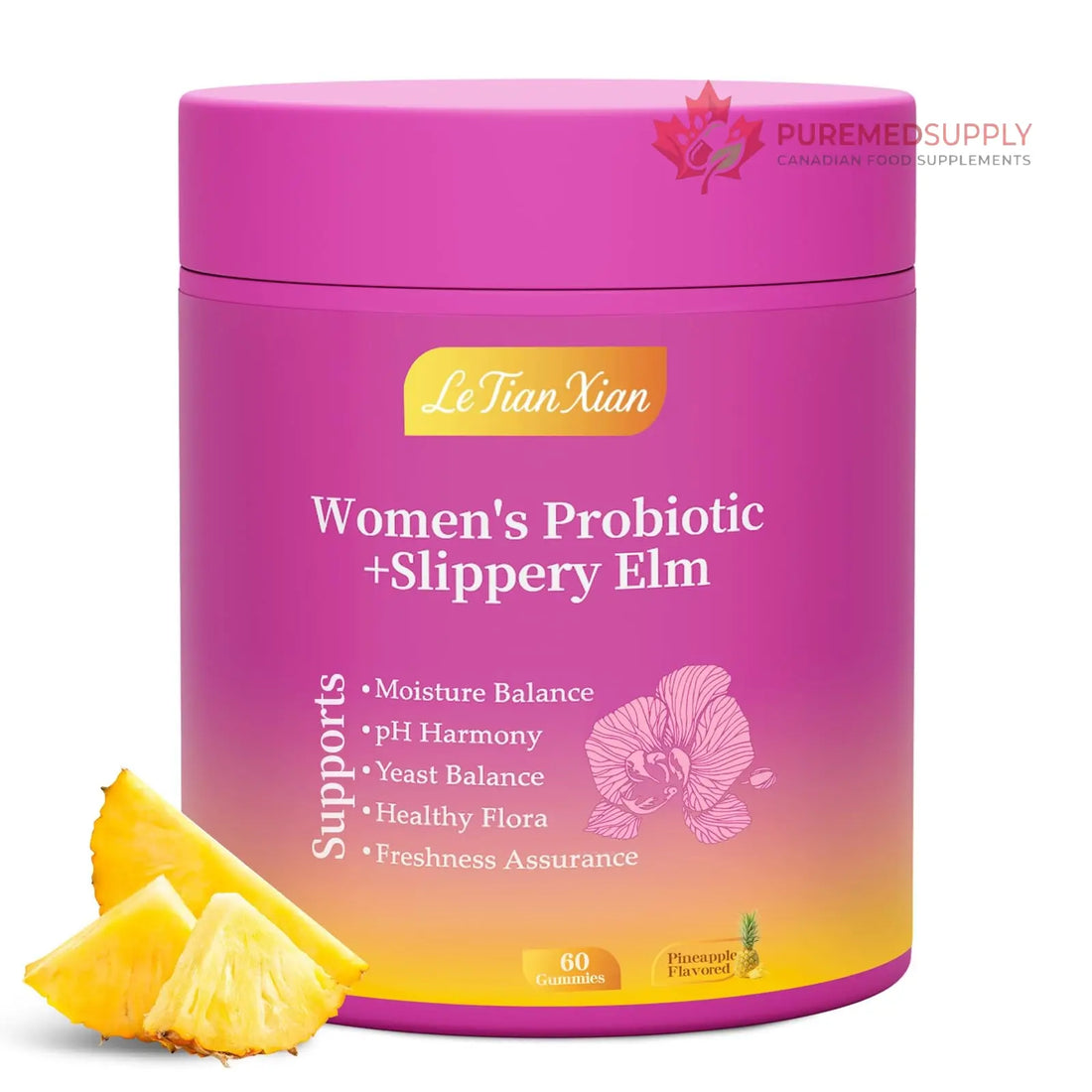 Le Tian Xian Her Juicy Feminine Probiotics Gummies for Women with Slippery Elm, Prebiotics & Lactobacillus - for pH Balance & Digestive Health, Tropical Pineapple Flavor, 60 Count Le Tian Xian buy supplements canada