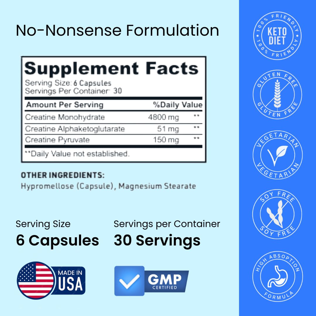 Creatine Capsules, 5g Premium 3X ThreeAtine Pre Workout Bulk Muscle Mass Gainer, High Absorption Easy to Take Creatine Monohydrate Pills Alternative Optimum Performance for Men Women, 180 Capsules Crazy Muscle buy supplements canada