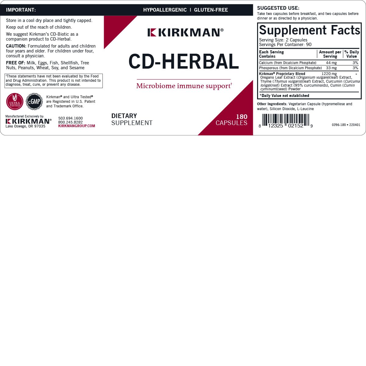 Kirkman CD-Herbal - Hypoallergenic -180 Vegetarian Capsules Kirkman buy supplements canada
