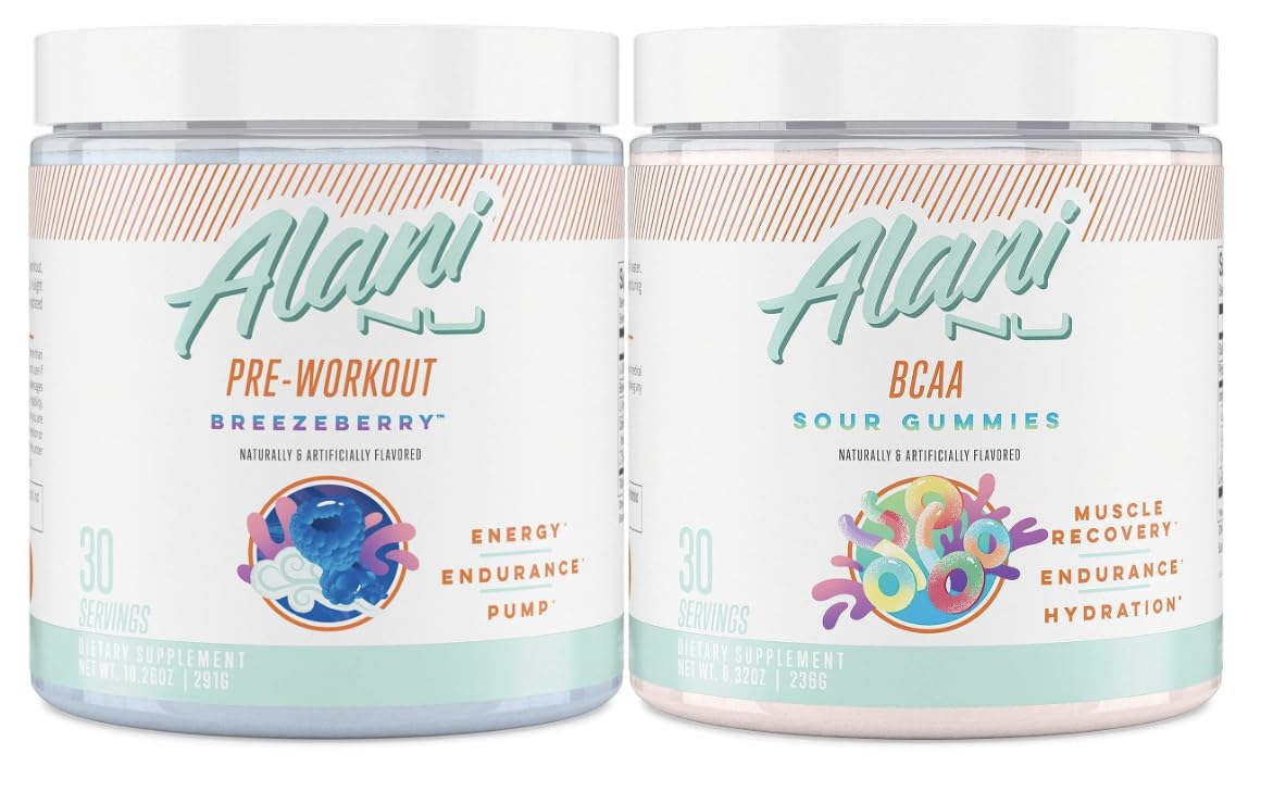 Alani Nu Breezeberry Pre Workout and BCAA Sour Gummies Post Workout Powder Bundle Alani Nu buy supplements canada
