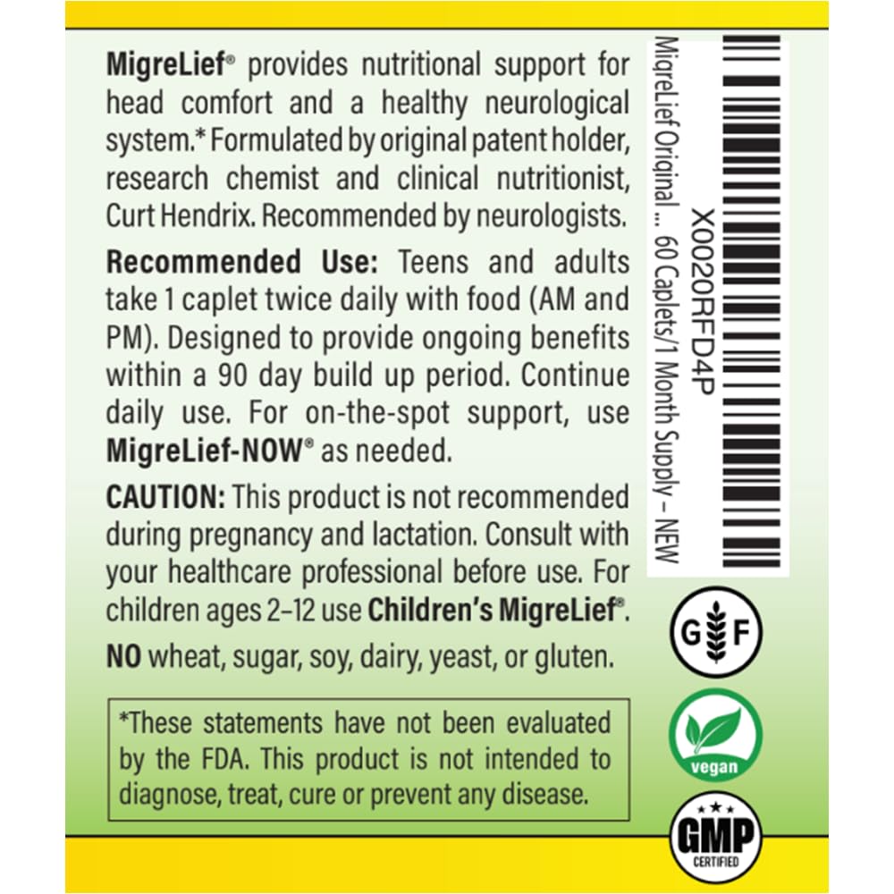 MigreLief Original Triple Therapy with Puracol - Nutritional Support for Migraine Sufferers - 60 Caplets/1 Month Supply MigreLief buy supplements canada