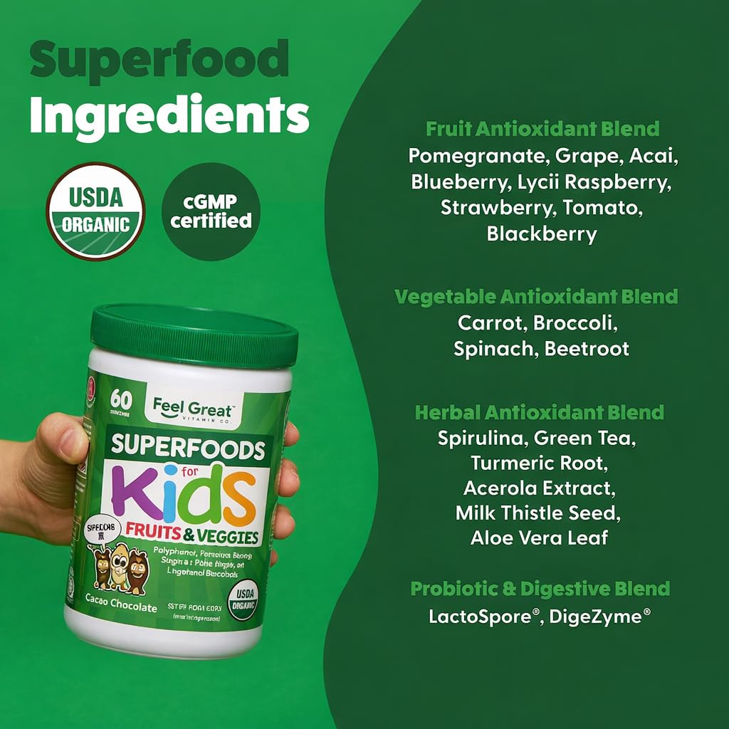 Feel Great USDA Organic Super Greens Powder for Kids - Cocao Chocolate | Fruit & Veggie Supplement | Superfood Powder with Probiotics & Digestive Enzymes for Digestive Health | 60 Days Supply The Feel Great Vitamin Company buy supplements canada
