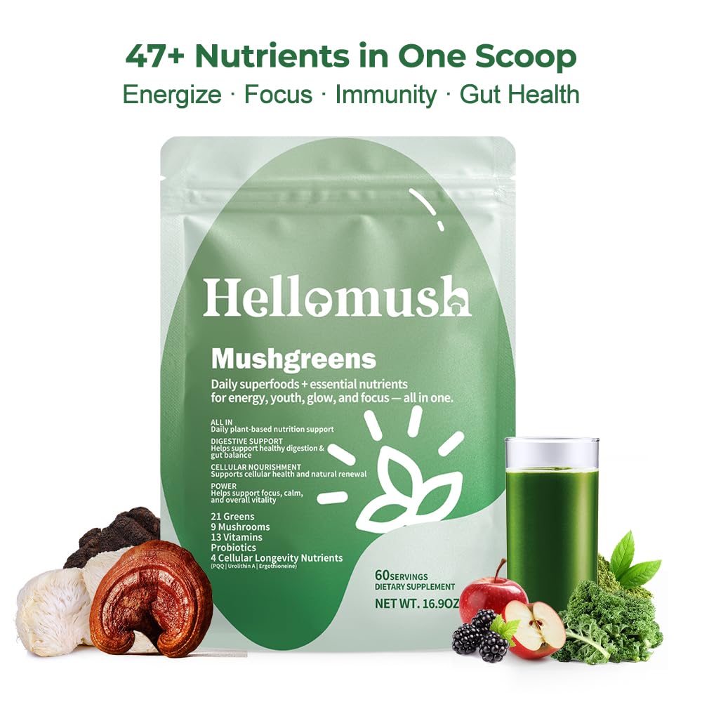 Hellomush Super Greens Powder Superfood, Daily Green Powder Supplement with Probiotics Drink Mix for Men & Women, Blend of Greens, Mushrooms, Vitamins, Probiotics and Cellular Nutrients Hellomush buy supplements canada