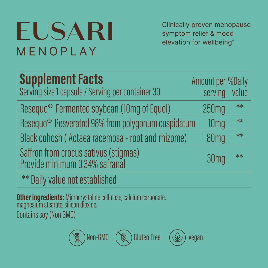 Menoplay Menopause & Perimenopause Relief Supplement – Non-Hormonal Formula with Equol, Black Cohosh & Saffron – Helps Hot Flashes, Night Sweats, Mood & Sleep – Doctor Formulated – 30 Tablets Eusari buy supplements canada
