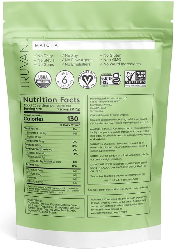 Truvani Organic Vegan Protein Powder Matcha - 20g of Plant Based, Organic Protein Truvani buy supplements canada
