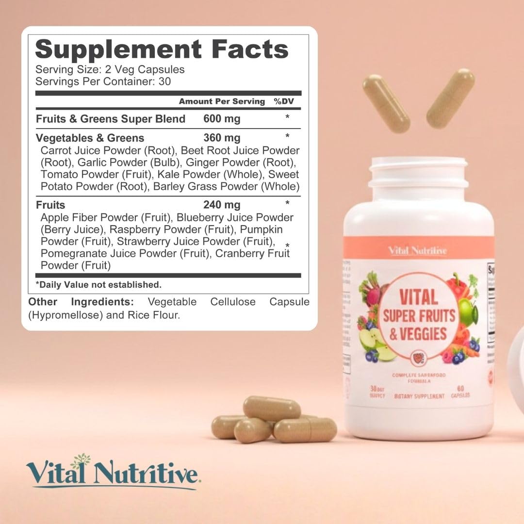 Vital Super Fruits & Veggies - Daily Superfood Capsules for Adults - Fruit & Vegetable Supplements to Boost Immunity & Energy - 2-in-1 Formula for Overall Wellness VITAL NUTRITIVE buy supplements canada
