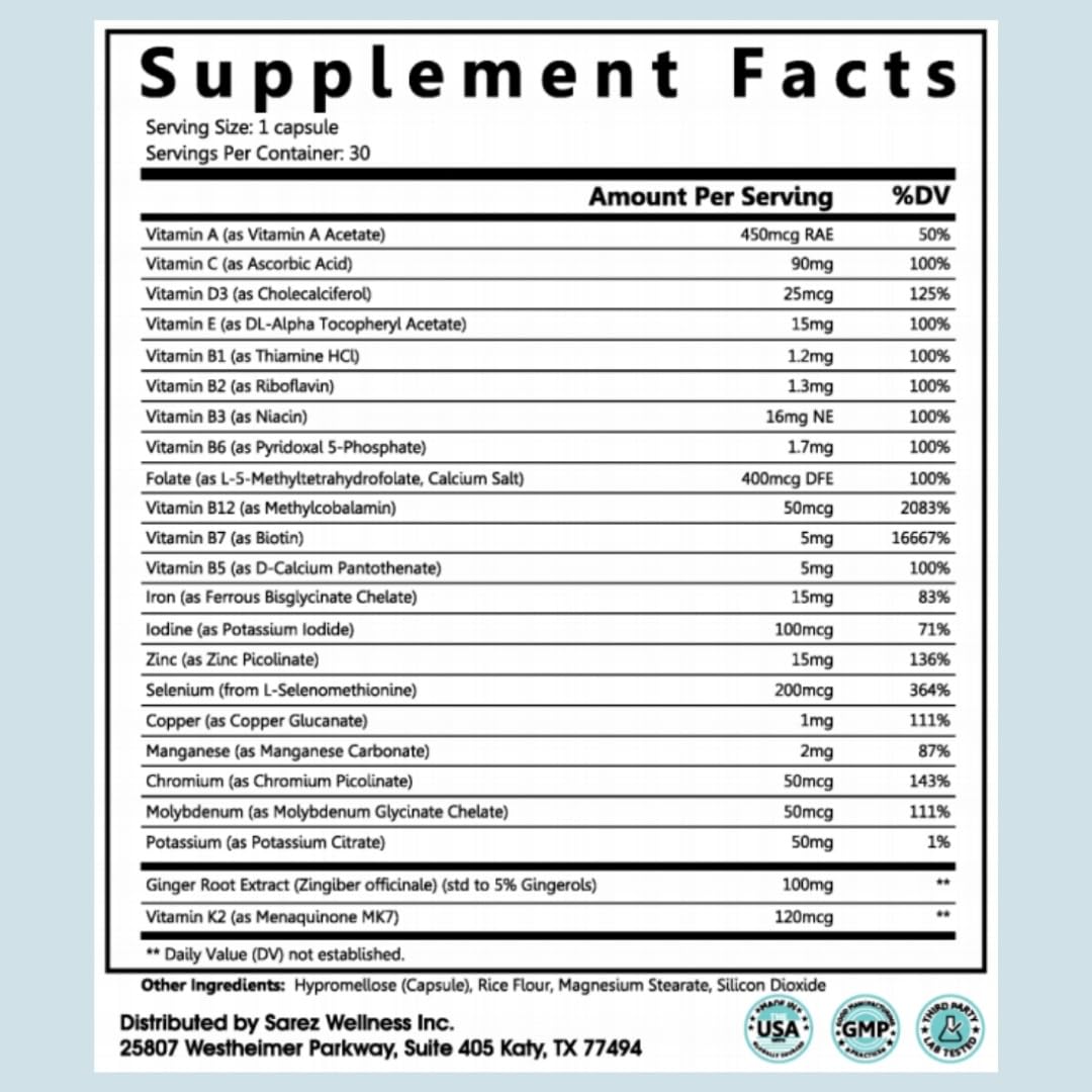 Sarez GLP-1 Support Capsules — Methylated Vitamins & Chelated Minerals — Energy, Metabolism, Hair & Daily Nutrient Support — with Ginger for Nausea — Gentle on Stomach — 30 Day Supply Sarez buy supplements canada