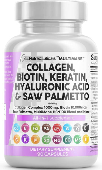 Clean Nutraceuticals Collagen Pills 1000mg Biotin 10000mcg Keratin Saw Palmetto Hyaluronic Acid - Hair Skin & Nails Vitamins & DHT Blocker with Vitamin E Folic Acid Clean Nutraceuticals buy supplements canada