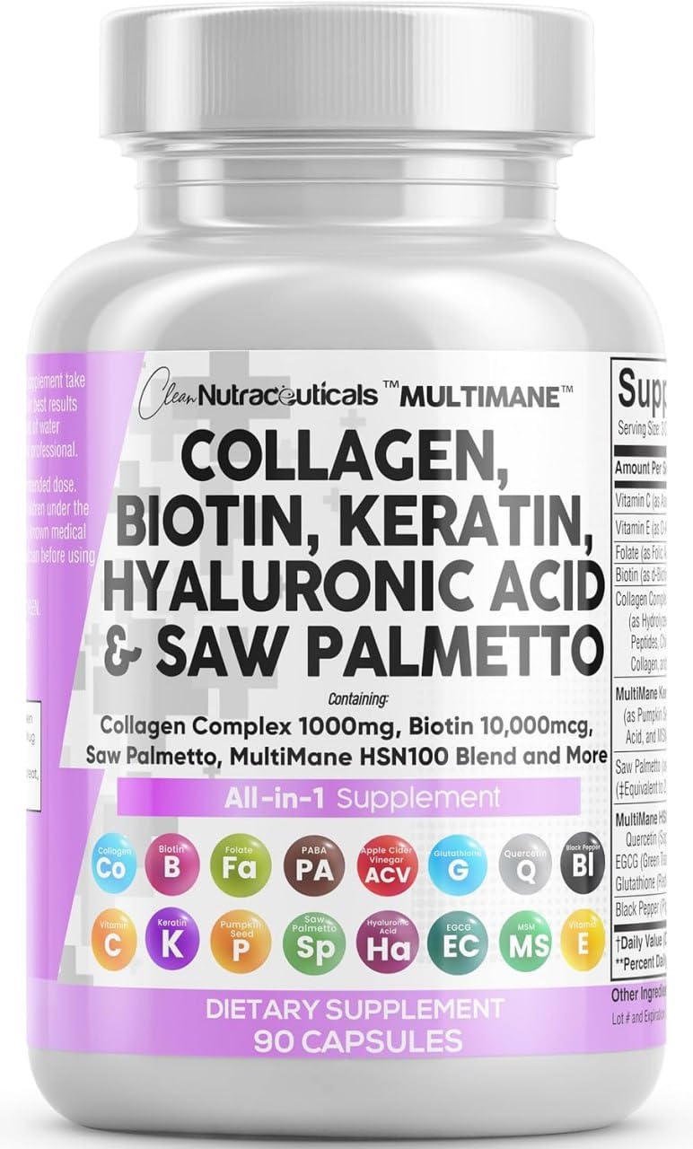 Clean Nutraceuticals Collagen Pills 1000mg Biotin 10000mcg Keratin Saw Palmetto Hyaluronic Acid - Hair Skin & Nails Vitamins & DHT Blocker with Vitamin E Folic Acid Clean Nutraceuticals buy supplements canada