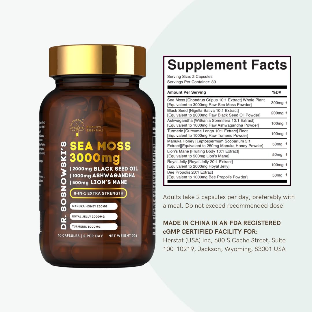 Dr Sosnowski's BioActive Sea Moss | 8-in-1 Formula Enriched with Black Seed, Ashwagandha, Turmeric, Manuka Honey, Lion's Mane, Royal Jelly, Bee Propolis Extract | 60 Capsules Dr Sosnowski's buy supplements canada
