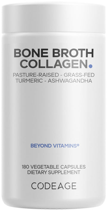 Codeage Organic Bone Broth Collagen Peptides Capsules Supplement, Bone Broth Grass Fed Beef, Free-Range Chicken, Turmeric & Ashwagandha - Collagen Types I, II, III - Non-GMO - 180 Capsules Codeage buy supplements canada