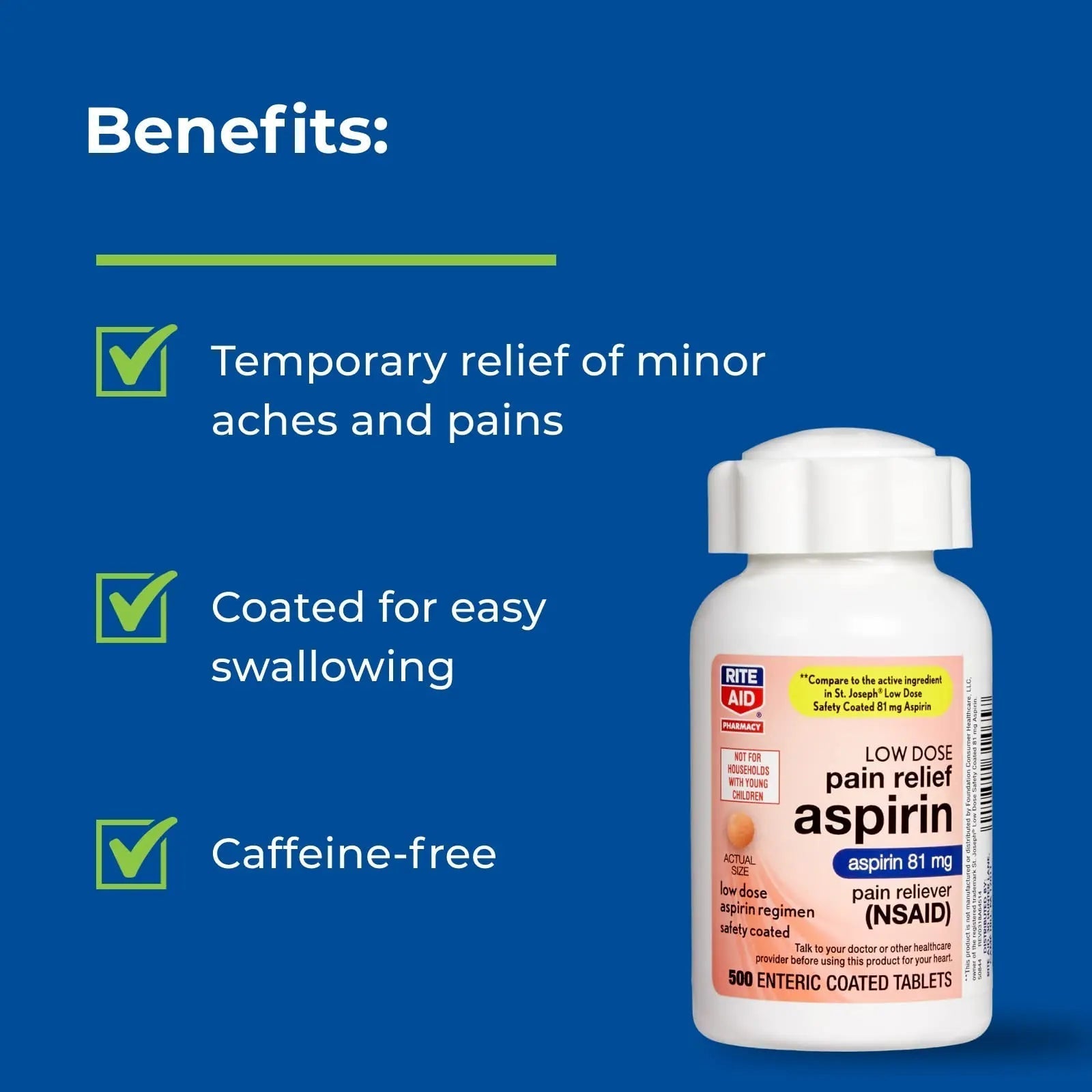 Rite Aid Aspirin Enteric Tablets - 81 mg Aspirin - 500 Count - Low-Dose for Headache Relief - Safety Coated - Aspirin Regimen - Migraine Medicine - Pain Relief Rite Aid buy supplements canada