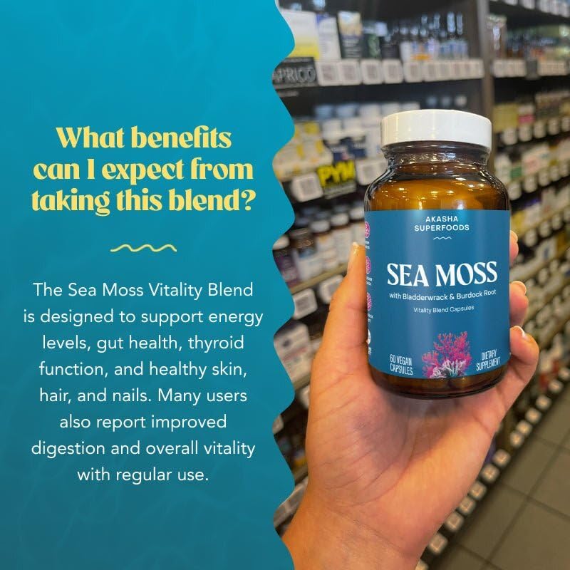 Akasha Superfoods Sea Moss Capsules, Organic Irish Moss with Bladderwrack Root, Burdock Root, and BioPerine, Skin, Thyroid, Digestion & Immunity Support for Women & Men, Gluten Free, Vegan, 60 Count Akasha Superfoods buy supplements canada