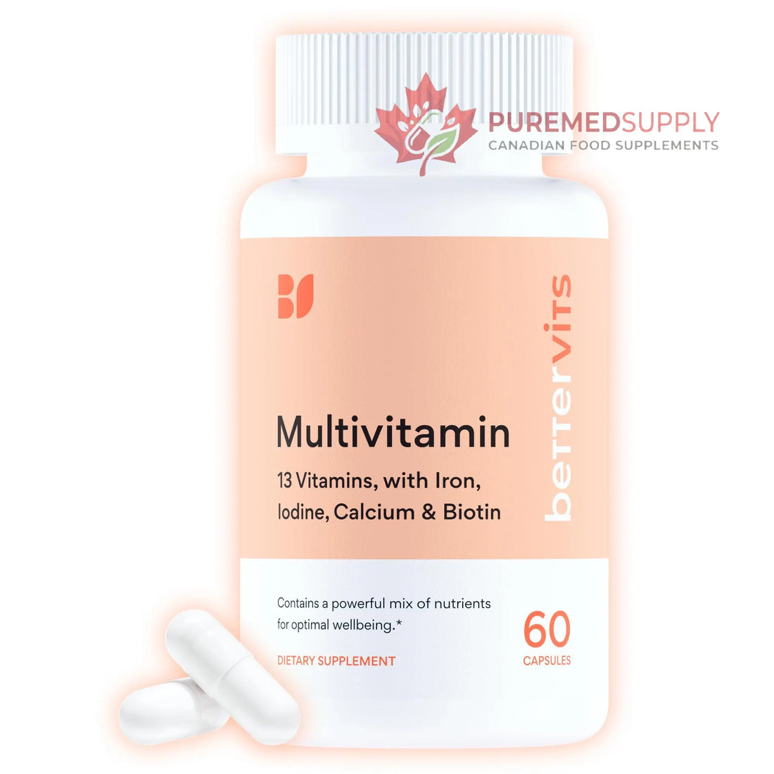 Bettervits Multivitamin for Women & Men | Womens Daily Multivitamin with 13 Essential Vitamins Iron, Iodine, Calcium and Biotin | Vitamins A, K2, D3, C, B1, B2, B3, B5, B6, B7, B9, B12 | 60 Capsules Bettervits buy supplements canada